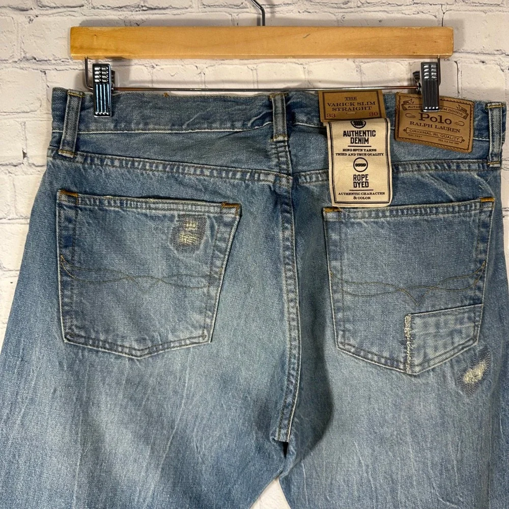 NEW Polo Ralph Lauren Varick Slim Straight Patch Distressed Jeans Light Wash 33